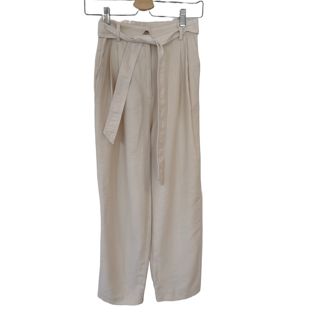 H&M Paperbag Pants 2 Off-White High Waist Belted Viscose Blend Trousers Casual